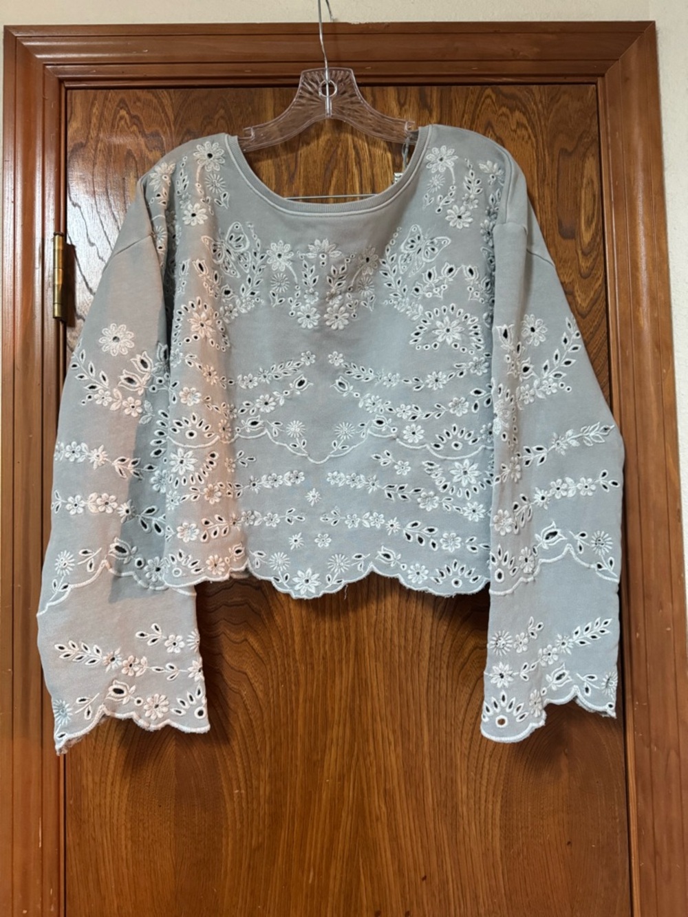Free People Light Gray Embroidered Eyelet Crop Top